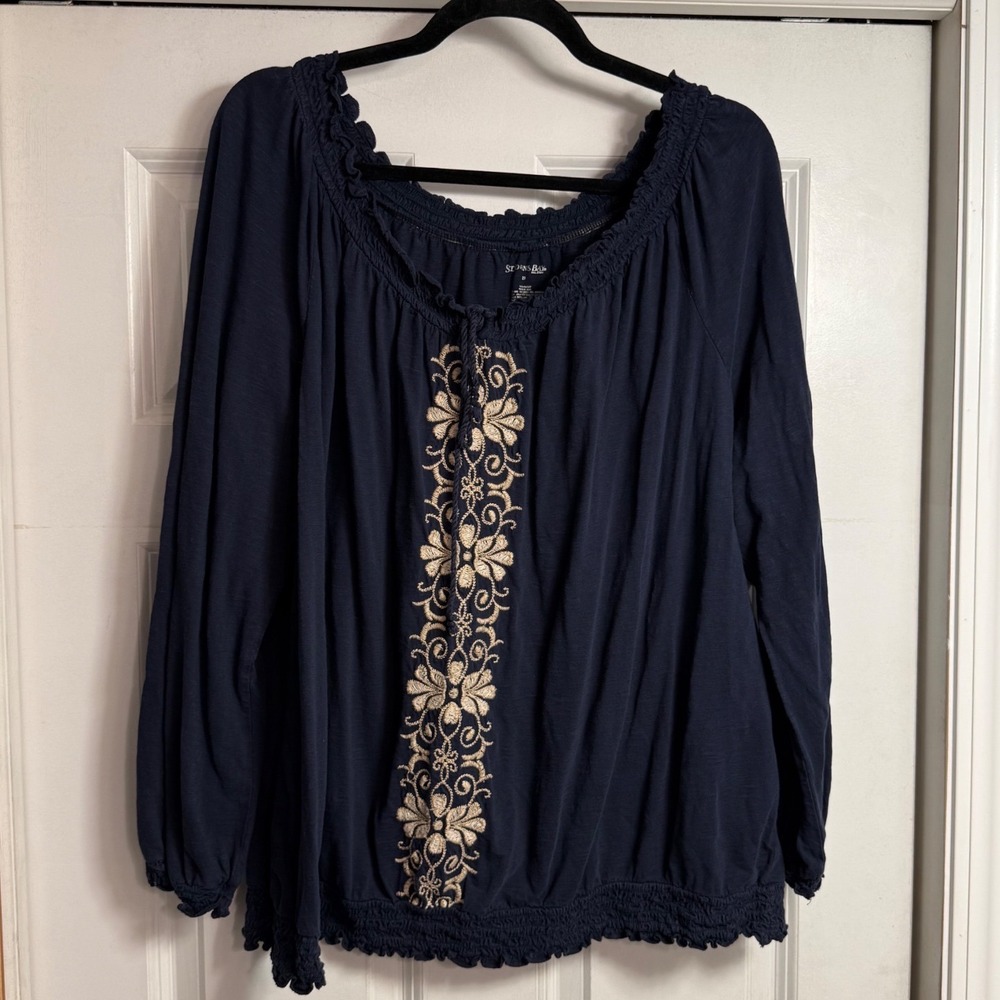 St Johns Bay Navy Blue Embroidered Cotton Peasant Blouse Plus Size 2X Smocked